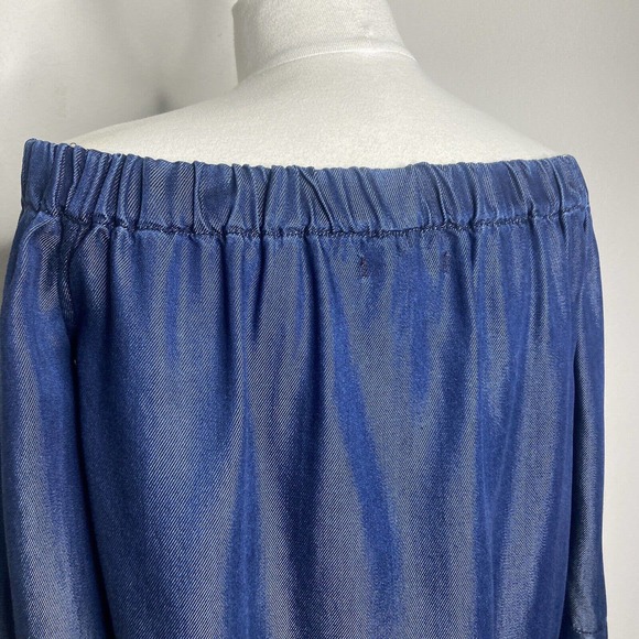 7 for all mankind Off the Shoulder Bell Cuff Sleeve Dark Chambray Top S - Picture 8 of 10
